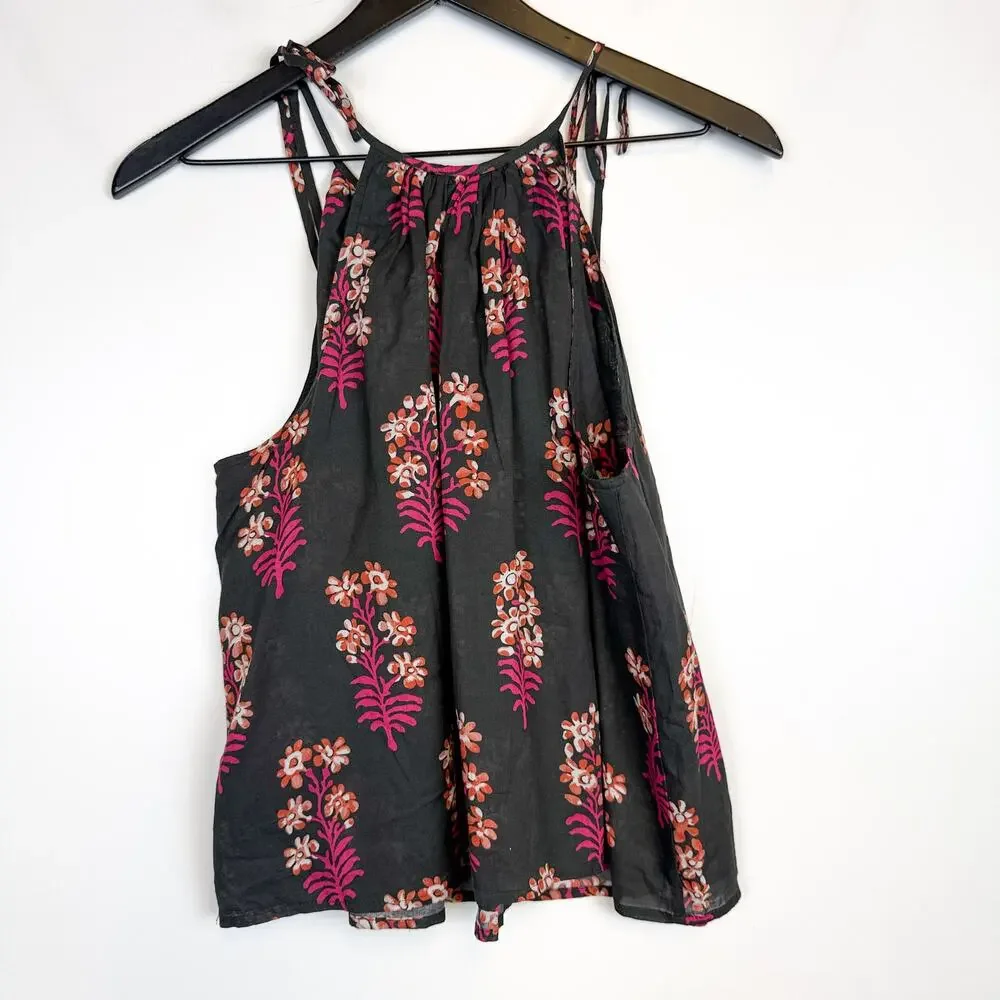J.Crew Tie Shoulder Tank Top Dark Gray Pink Floral - S